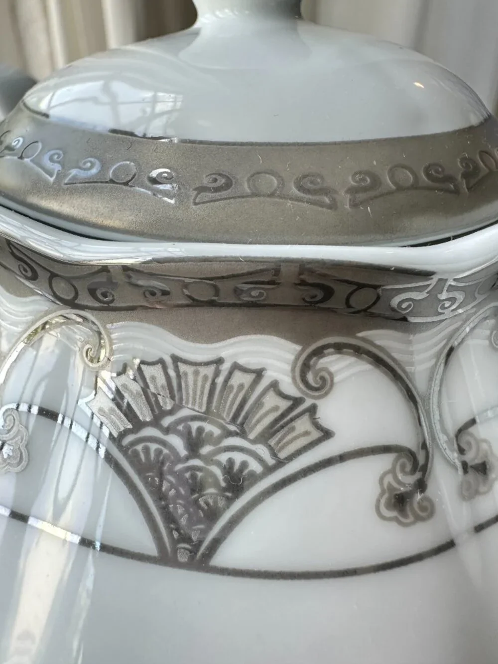 Vintage G S Fine Porcelain German Design Teapot Silver Gray Fan Pattern